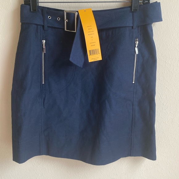 Tory Burch Navy Twill A Line Skirt Belted 6 NWT lined cotton linen spandex - Picture 1 of 8